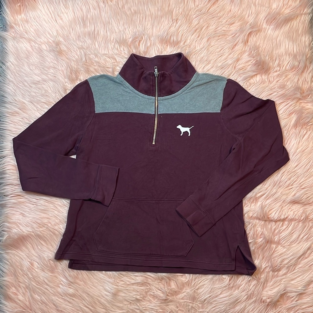 PINK Victoria’s Secret Maroon & Gray Long Sleeve Quarter Zip Size Medium